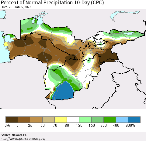 Central Asia Percent of Normal Precipitation 10-Day (CPC) Thematic Map For 12/26/2022 - 1/5/2023