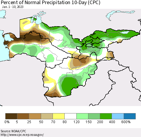 Central Asia Percent of Normal Precipitation 10-Day (CPC) Thematic Map For 1/1/2023 - 1/10/2023