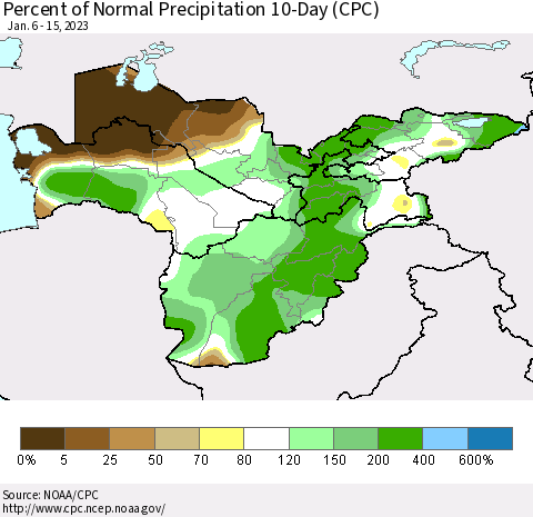 Central Asia Percent of Normal Precipitation 10-Day (CPC) Thematic Map For 1/6/2023 - 1/15/2023