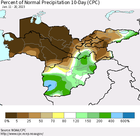 Central Asia Percent of Normal Precipitation 10-Day (CPC) Thematic Map For 1/11/2023 - 1/20/2023