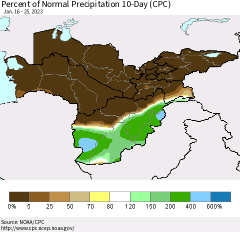 Central Asia Percent of Normal Precipitation 10-Day (CPC) Thematic Map For 1/16/2023 - 1/25/2023