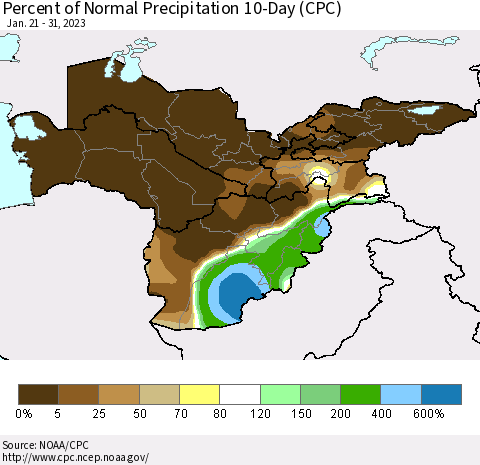 Central Asia Percent of Normal Precipitation 10-Day (CPC) Thematic Map For 1/21/2023 - 1/31/2023