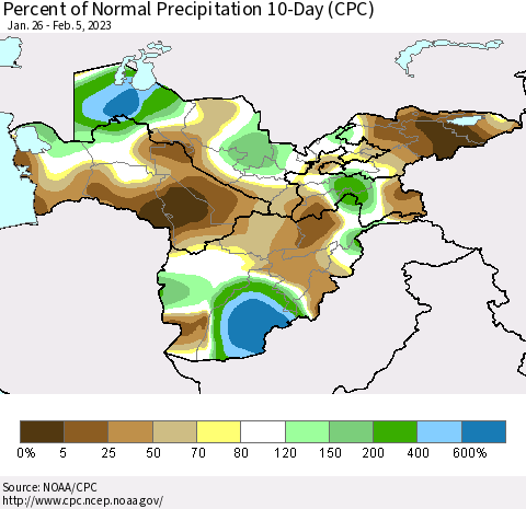 Central Asia Percent of Normal Precipitation 10-Day (CPC) Thematic Map For 1/26/2023 - 2/5/2023