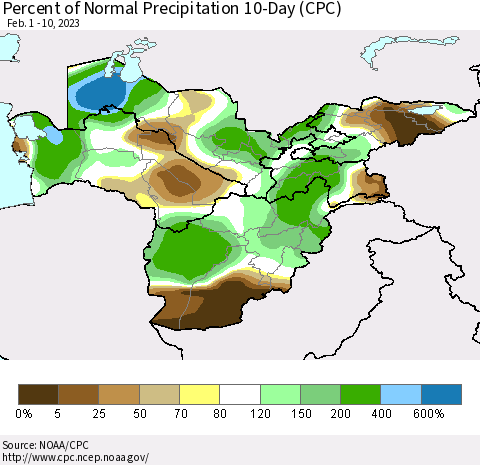 Central Asia Percent of Normal Precipitation 10-Day (CPC) Thematic Map For 2/1/2023 - 2/10/2023