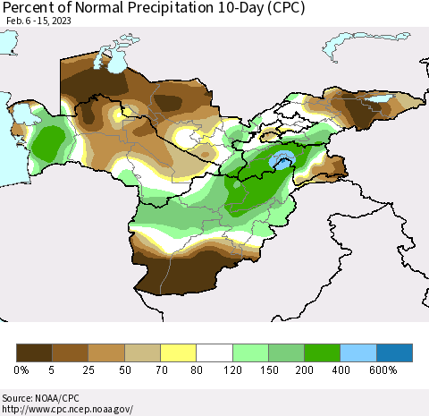 Central Asia Percent of Normal Precipitation 10-Day (CPC) Thematic Map For 2/6/2023 - 2/15/2023