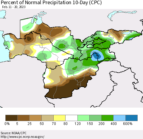 Central Asia Percent of Normal Precipitation 10-Day (CPC) Thematic Map For 2/11/2023 - 2/20/2023