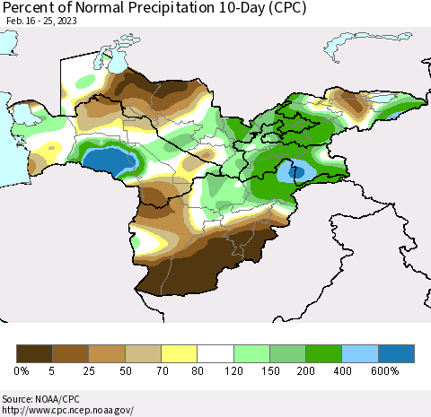 Central Asia Percent of Normal Precipitation 10-Day (CPC) Thematic Map For 2/16/2023 - 2/25/2023