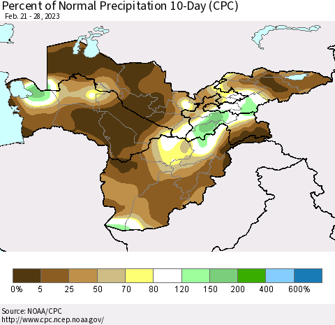 Central Asia Percent of Normal Precipitation 10-Day (CPC) Thematic Map For 2/21/2023 - 2/28/2023