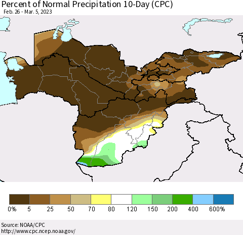 Central Asia Percent of Normal Precipitation 10-Day (CPC) Thematic Map For 2/26/2023 - 3/5/2023