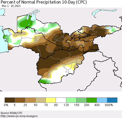 Central Asia Percent of Normal Precipitation 10-Day (CPC) Thematic Map For 3/1/2023 - 3/10/2023
