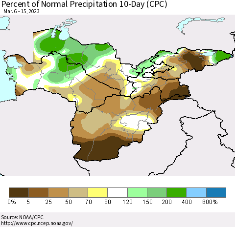 Central Asia Percent of Normal Precipitation 10-Day (CPC) Thematic Map For 3/6/2023 - 3/15/2023