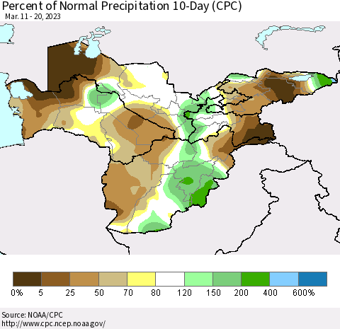 Central Asia Percent of Normal Precipitation 10-Day (CPC) Thematic Map For 3/11/2023 - 3/20/2023