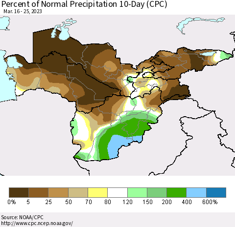 Central Asia Percent of Normal Precipitation 10-Day (CPC) Thematic Map For 3/16/2023 - 3/25/2023
