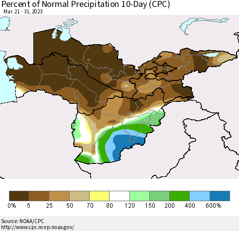 Central Asia Percent of Normal Precipitation 10-Day (CPC) Thematic Map For 3/21/2023 - 3/31/2023