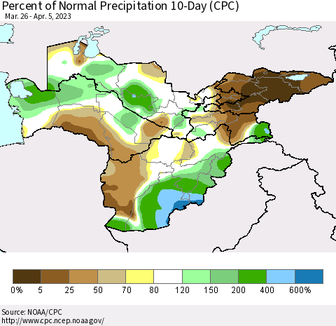 Central Asia Percent of Normal Precipitation 10-Day (CPC) Thematic Map For 3/26/2023 - 4/5/2023