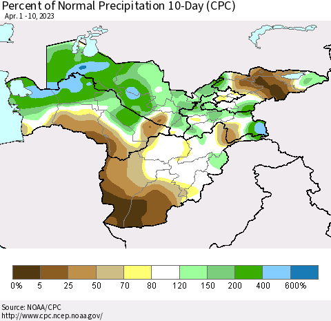 Central Asia Percent of Normal Precipitation 10-Day (CPC) Thematic Map For 4/1/2023 - 4/10/2023