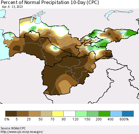 Central Asia Percent of Normal Precipitation 10-Day (CPC) Thematic Map For 4/6/2023 - 4/15/2023