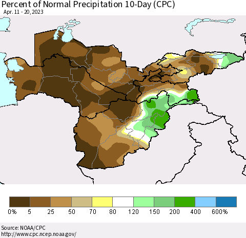 Central Asia Percent of Normal Precipitation 10-Day (CPC) Thematic Map For 4/11/2023 - 4/20/2023