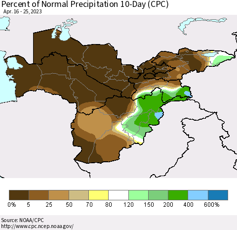 Central Asia Percent of Normal Precipitation 10-Day (CPC) Thematic Map For 4/16/2023 - 4/25/2023