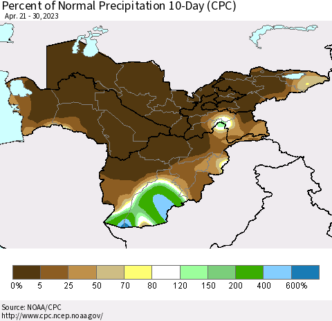 Central Asia Percent of Normal Precipitation 10-Day (CPC) Thematic Map For 4/21/2023 - 4/30/2023