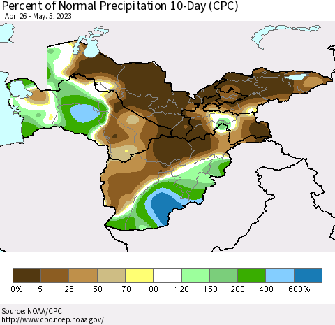Central Asia Percent of Normal Precipitation 10-Day (CPC) Thematic Map For 4/26/2023 - 5/5/2023
