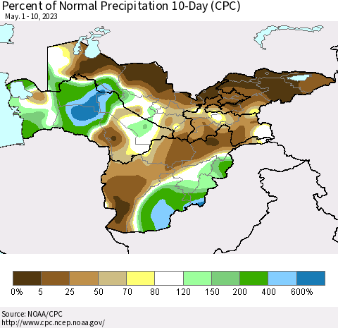Central Asia Percent of Normal Precipitation 10-Day (CPC) Thematic Map For 5/1/2023 - 5/10/2023