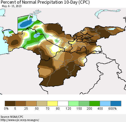 Central Asia Percent of Normal Precipitation 10-Day (CPC) Thematic Map For 5/6/2023 - 5/15/2023