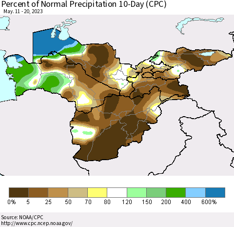 Central Asia Percent of Normal Precipitation 10-Day (CPC) Thematic Map For 5/11/2023 - 5/20/2023