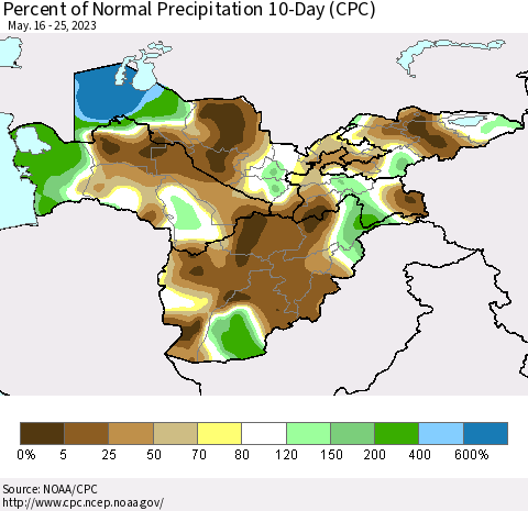 Central Asia Percent of Normal Precipitation 10-Day (CPC) Thematic Map For 5/16/2023 - 5/25/2023