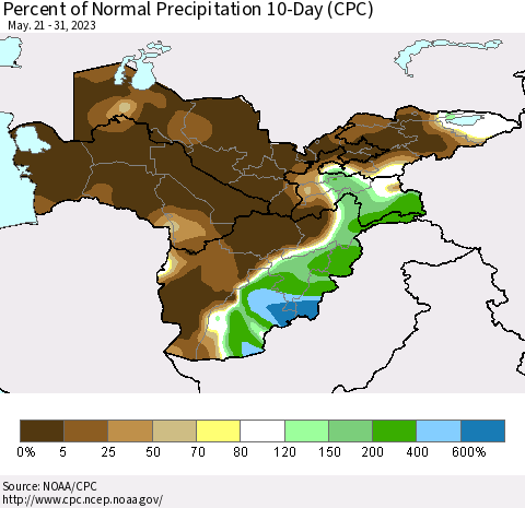 Central Asia Percent of Normal Precipitation 10-Day (CPC) Thematic Map For 5/21/2023 - 5/31/2023