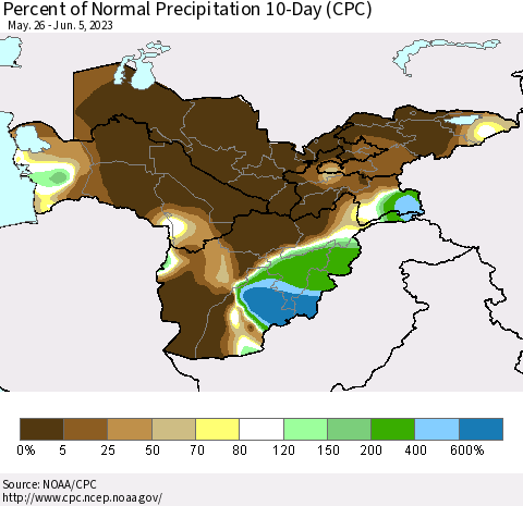 Central Asia Percent of Normal Precipitation 10-Day (CPC) Thematic Map For 5/26/2023 - 6/5/2023