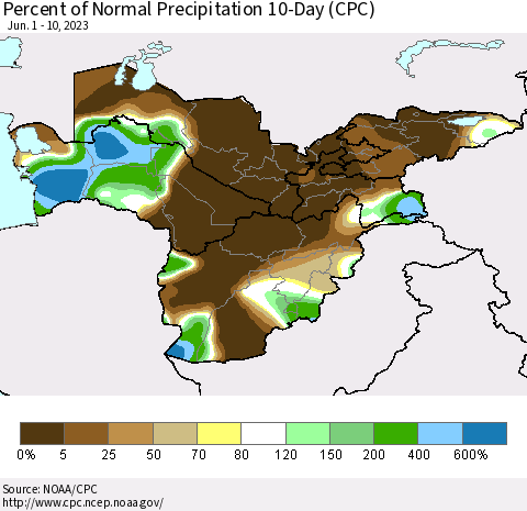 Central Asia Percent of Normal Precipitation 10-Day (CPC) Thematic Map For 6/1/2023 - 6/10/2023