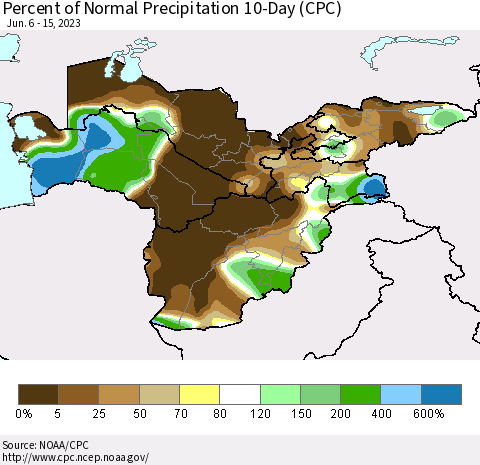 Central Asia Percent of Normal Precipitation 10-Day (CPC) Thematic Map For 6/6/2023 - 6/15/2023