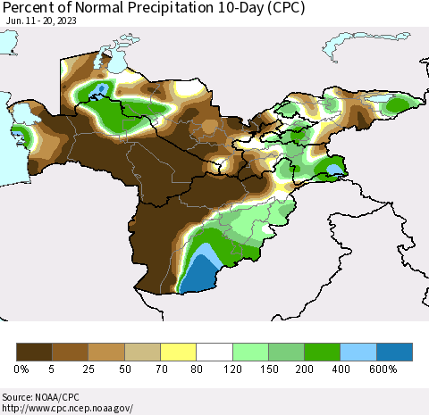 Central Asia Percent of Normal Precipitation 10-Day (CPC) Thematic Map For 6/11/2023 - 6/20/2023