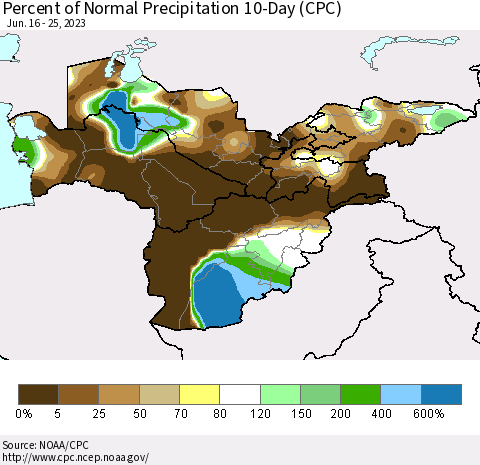 Central Asia Percent of Normal Precipitation 10-Day (CPC) Thematic Map For 6/16/2023 - 6/25/2023