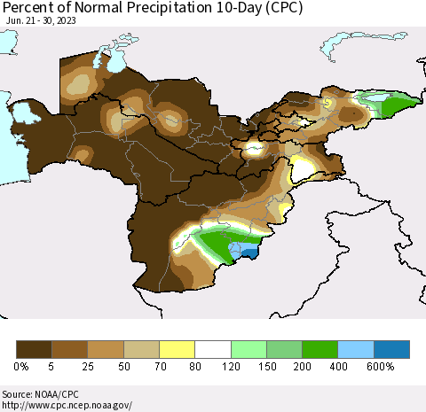 Central Asia Percent of Normal Precipitation 10-Day (CPC) Thematic Map For 6/21/2023 - 6/30/2023