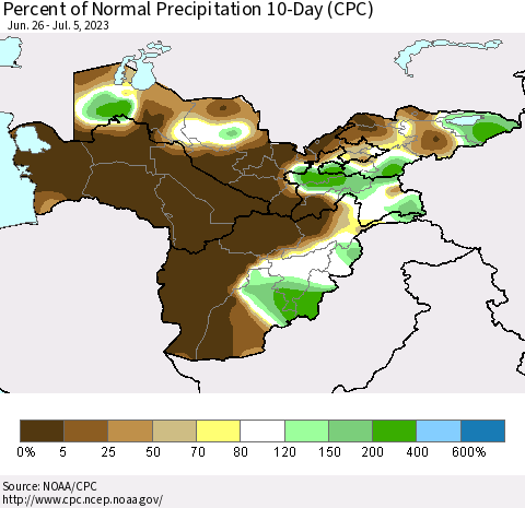 Central Asia Percent of Normal Precipitation 10-Day (CPC) Thematic Map For 6/26/2023 - 7/5/2023