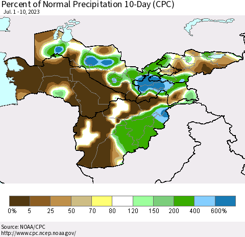 Central Asia Percent of Normal Precipitation 10-Day (CPC) Thematic Map For 7/1/2023 - 7/10/2023