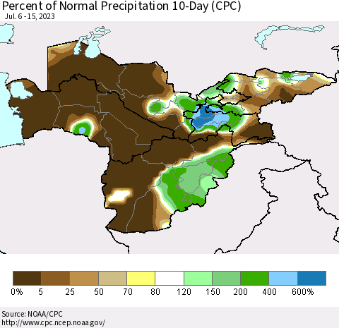Central Asia Percent of Normal Precipitation 10-Day (CPC) Thematic Map For 7/6/2023 - 7/15/2023