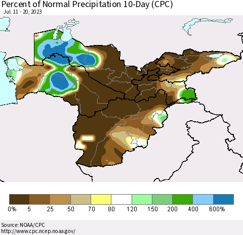Central Asia Percent of Normal Precipitation 10-Day (CPC) Thematic Map For 7/11/2023 - 7/20/2023