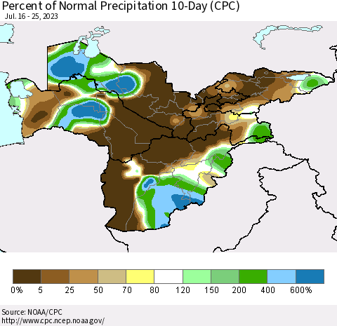 Central Asia Percent of Normal Precipitation 10-Day (CPC) Thematic Map For 7/16/2023 - 7/25/2023