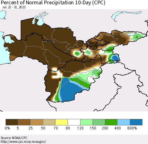 Central Asia Percent of Normal Precipitation 10-Day (CPC) Thematic Map For 7/21/2023 - 7/31/2023
