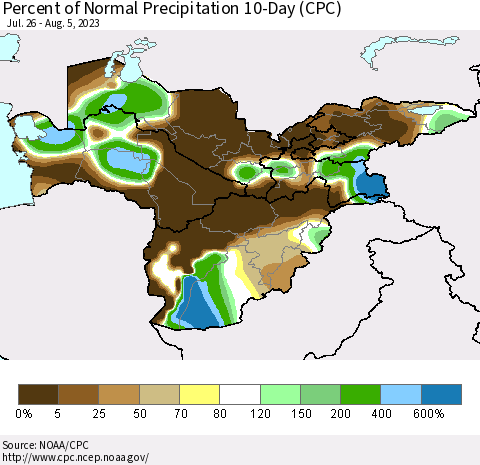 Central Asia Percent of Normal Precipitation 10-Day (CPC) Thematic Map For 7/26/2023 - 8/5/2023