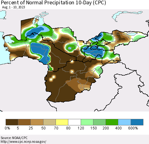 Central Asia Percent of Normal Precipitation 10-Day (CPC) Thematic Map For 8/1/2023 - 8/10/2023