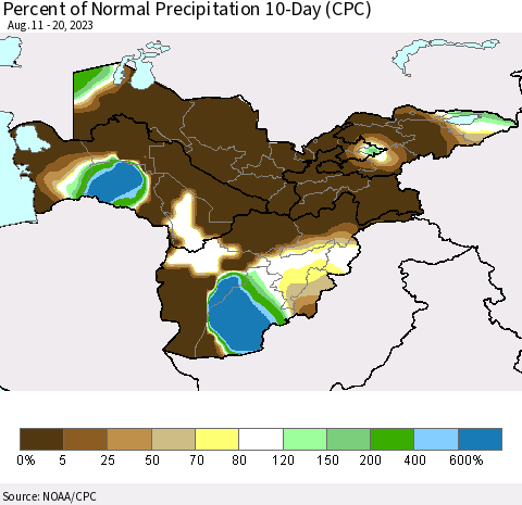 Central Asia Percent of Normal Precipitation 10-Day (CPC) Thematic Map For 8/11/2023 - 8/20/2023