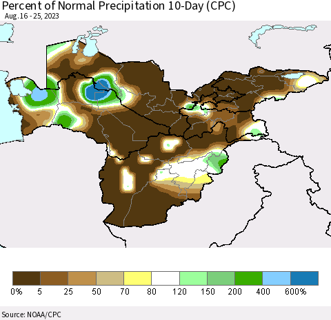 Central Asia Percent of Normal Precipitation 10-Day (CPC) Thematic Map For 8/16/2023 - 8/25/2023