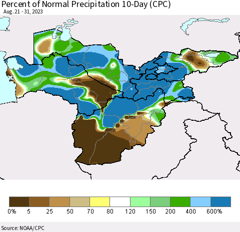 Central Asia Percent of Normal Precipitation 10-Day (CPC) Thematic Map For 8/21/2023 - 8/31/2023