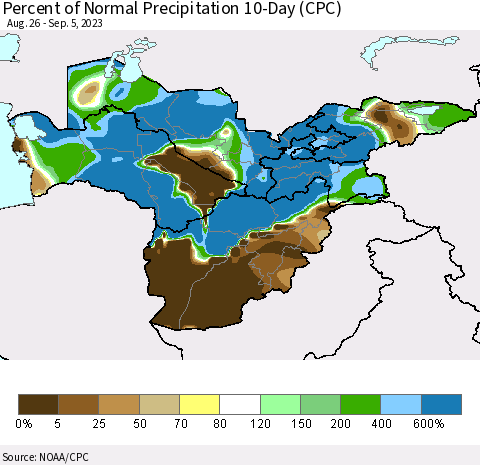 Central Asia Percent of Normal Precipitation 10-Day (CPC) Thematic Map For 8/26/2023 - 9/5/2023