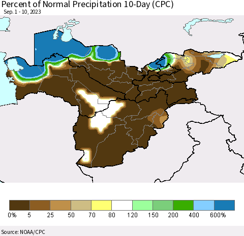 Central Asia Percent of Normal Precipitation 10-Day (CPC) Thematic Map For 9/1/2023 - 9/10/2023