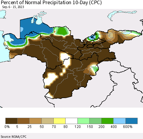Central Asia Percent of Normal Precipitation 10-Day (CPC) Thematic Map For 9/6/2023 - 9/15/2023